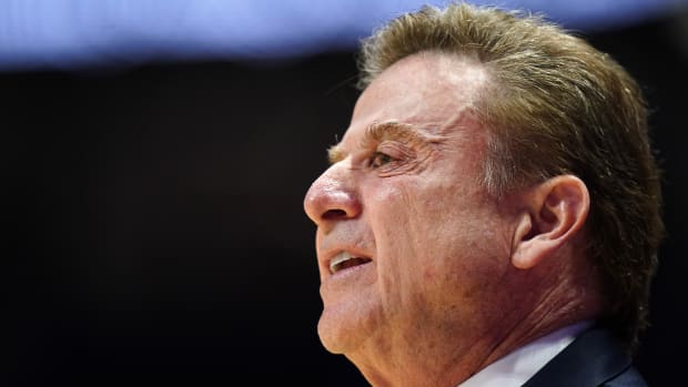 St. John's Red Storm head coach Rick Pitino instructs the team in the first half of a college basketball game between the St. John's Red Storm and the Xavier Musketeers, Wednesday, Jan. 31, 2024, at Cintas Center in Cincinnati. The Xavier Musketeers won, 88-77.  